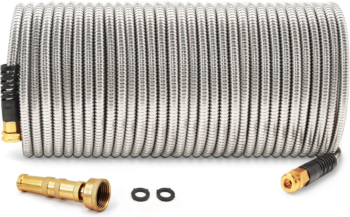 50 Feet 304 Stainless Steel Garden Hose with Brass Shut Off Valve, Pack of 2 N4252