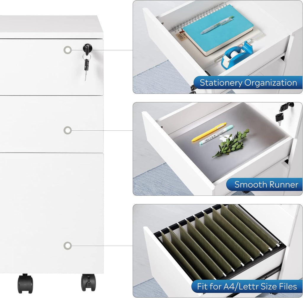 White 3 Drawer Rolling File Cabinet with Lock Z805229