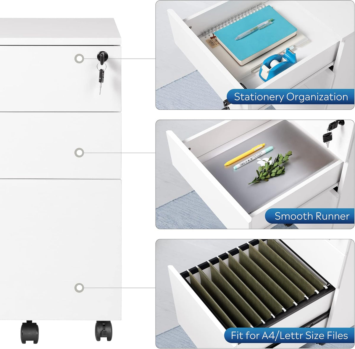 White 3 Drawer Rolling File Cabinet with Lock Z805229