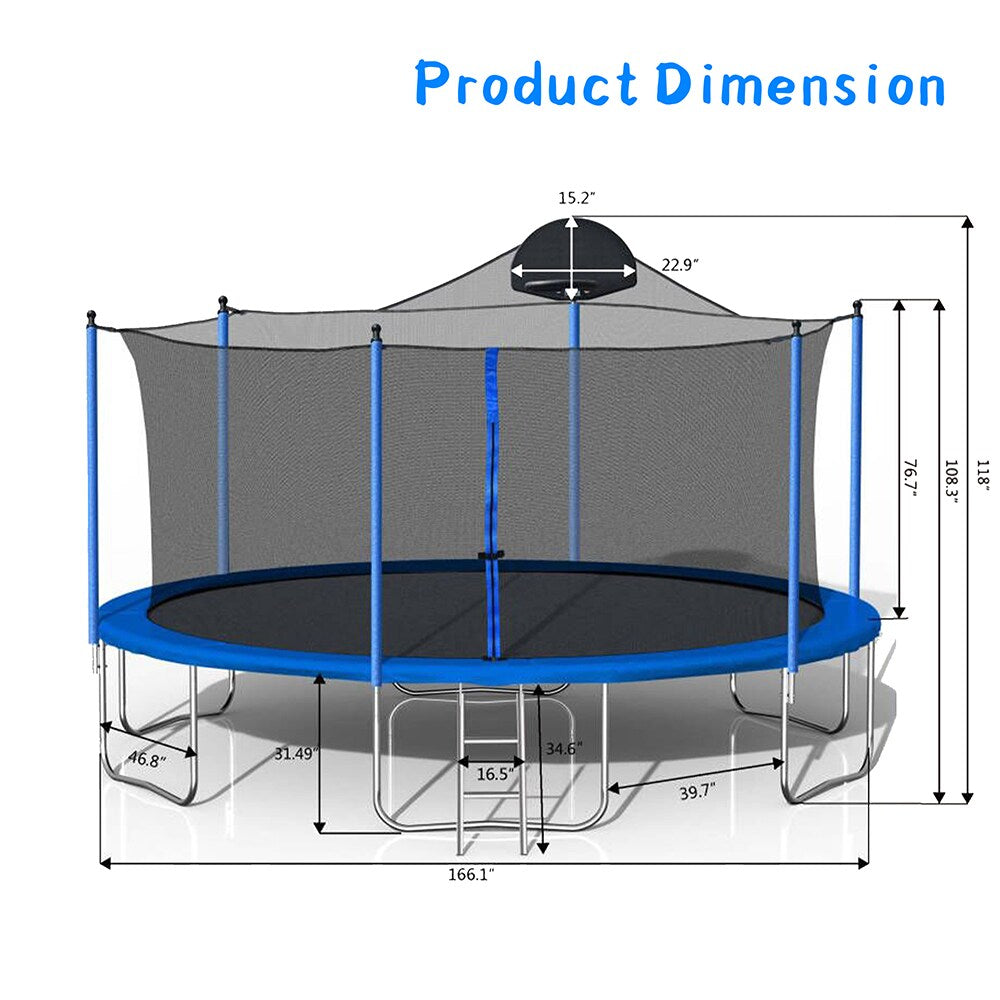 14FT Trampoline with Basketball Hoop, Safety Enclosure Net & Ladder, Blue L3684