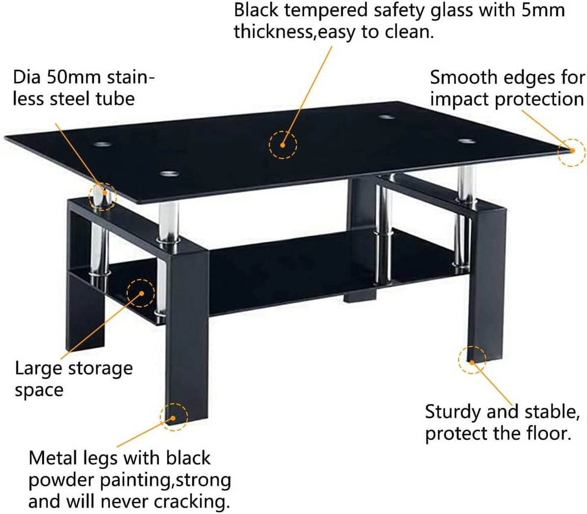 Rectangle Glass Coffee Table with Lower Storage Shelf 2-Tier U7995