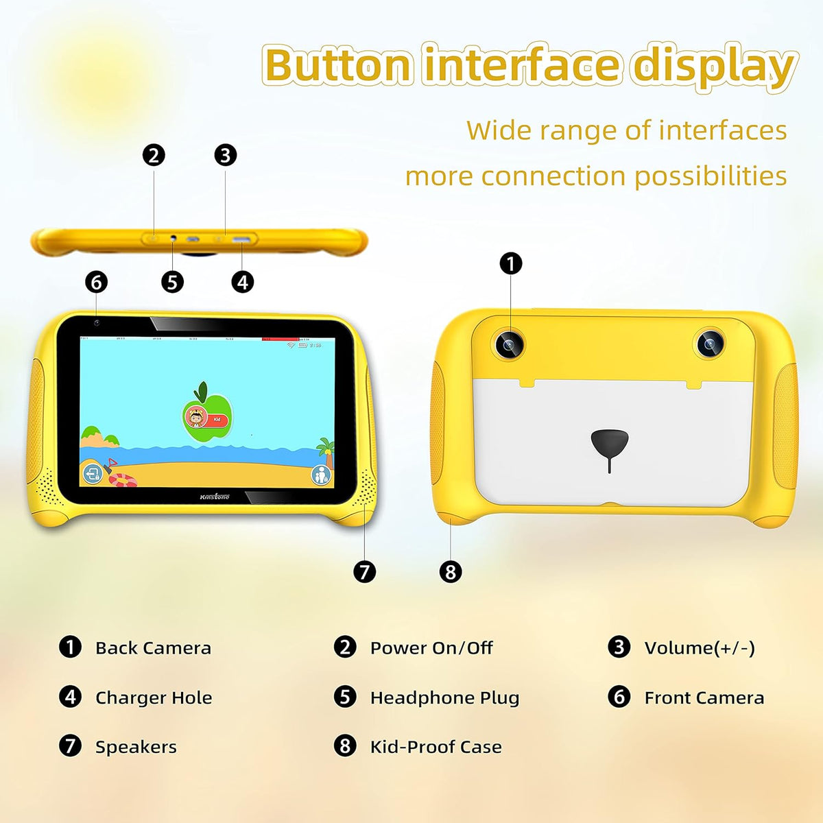 Yellow 7 inch Kids Tablet Android 11 Quad Core 2GB RAM 32GB Dual Camera WiFi Bluetooth Pack of 2 F45438