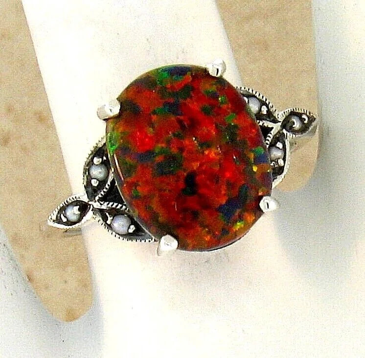 925 Sterling Silver Fire Opal & Pearl Ring J5998