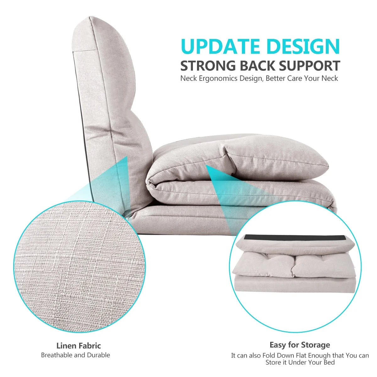 Foldable Double Chaise Lounge Floor Sofa Chair with Two Pillows F34293
