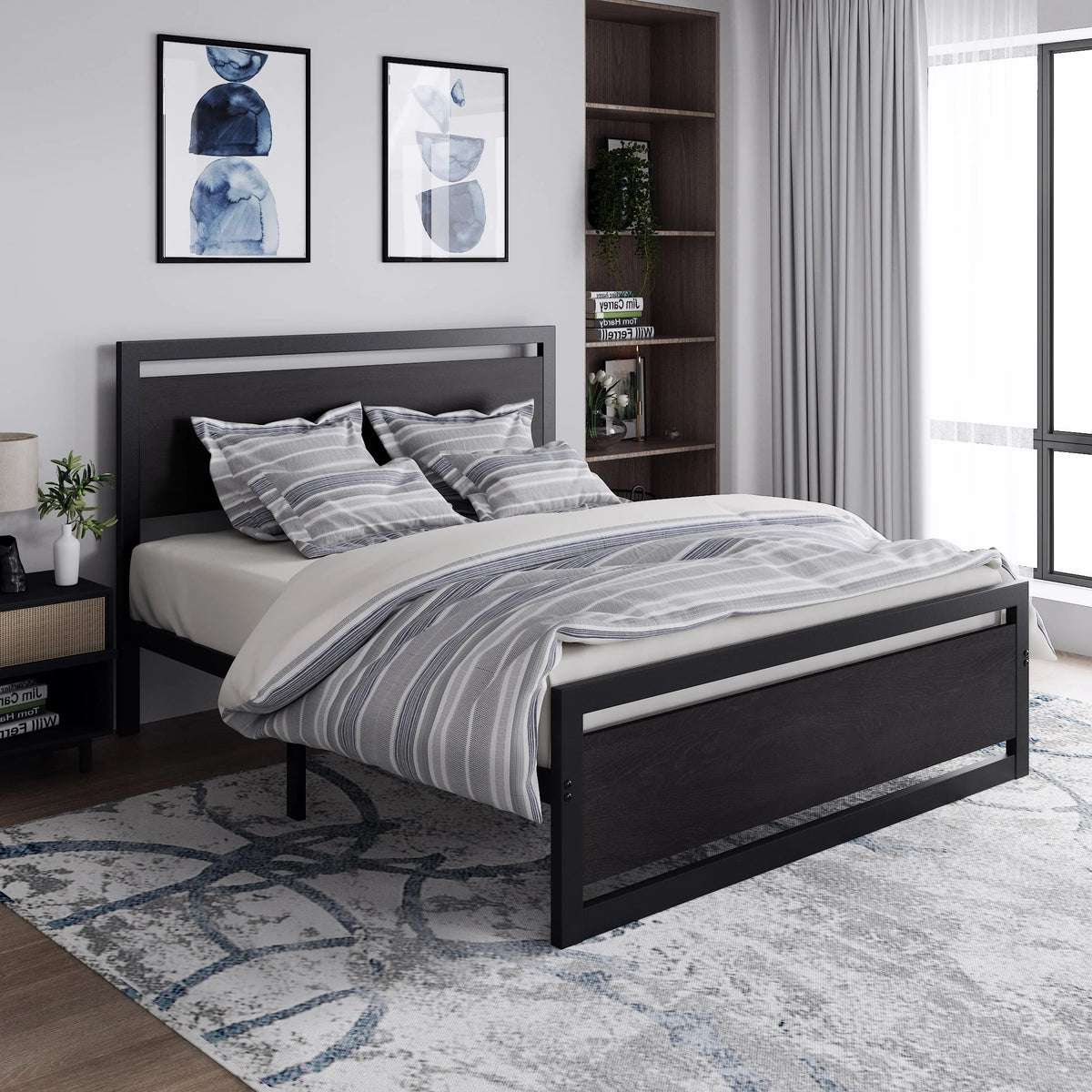 Queen Size Metal Platform Bed Frame with Wooden Headboard Footboard U2878