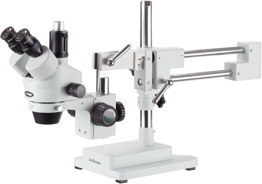 7X-45X Simul-Focal Stereo Zoom Microscope on Dual Arm Boom Stand with 144-LED Ring Light W996