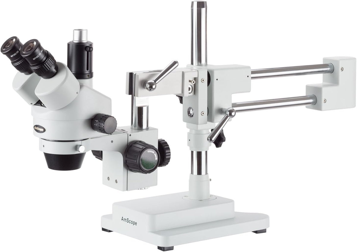 7X-45X Simul-Focal Stereo Zoom Microscope on Dual Arm Boom Stand with 144-LED Ring Light W996