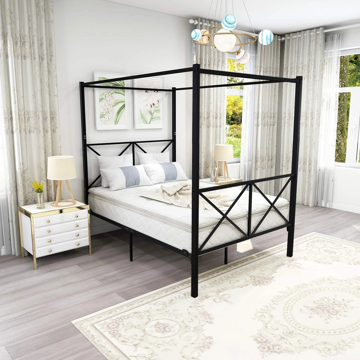 Full Black Metal Canopy Bed Frame V6938