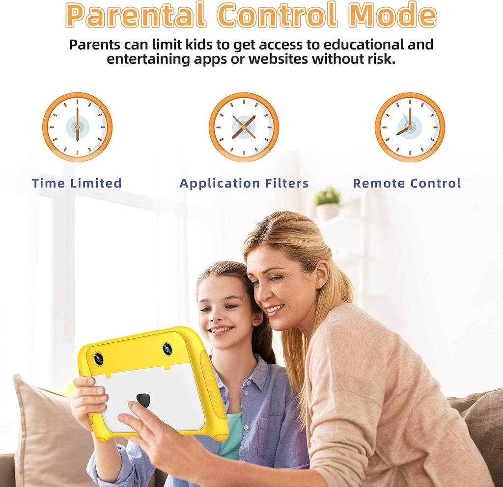 Yellow 7 inch Kids Tablet Android 11 Quad Core 2GB RAM 32GB Dual Camera WiFi Bluetooth Pack of 2 F45438
