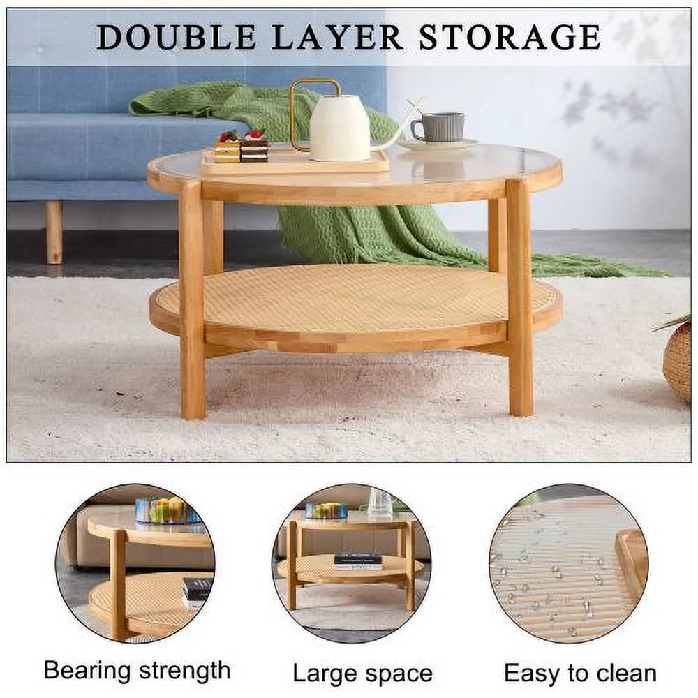 Round 2-Tier Glass Coffee Table with Solid Wood Legs N8785