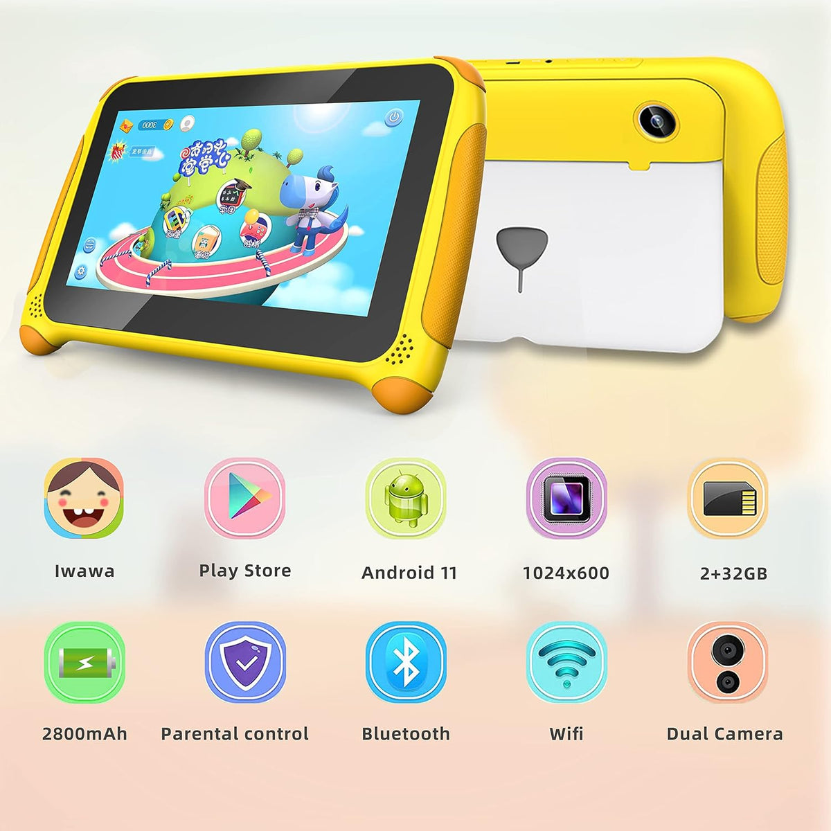 Yellow 7 inch Kids Tablet Android 11 Quad Core 2GB RAM 32GB Dual Camera WiFi Bluetooth Pack of 2 F45438