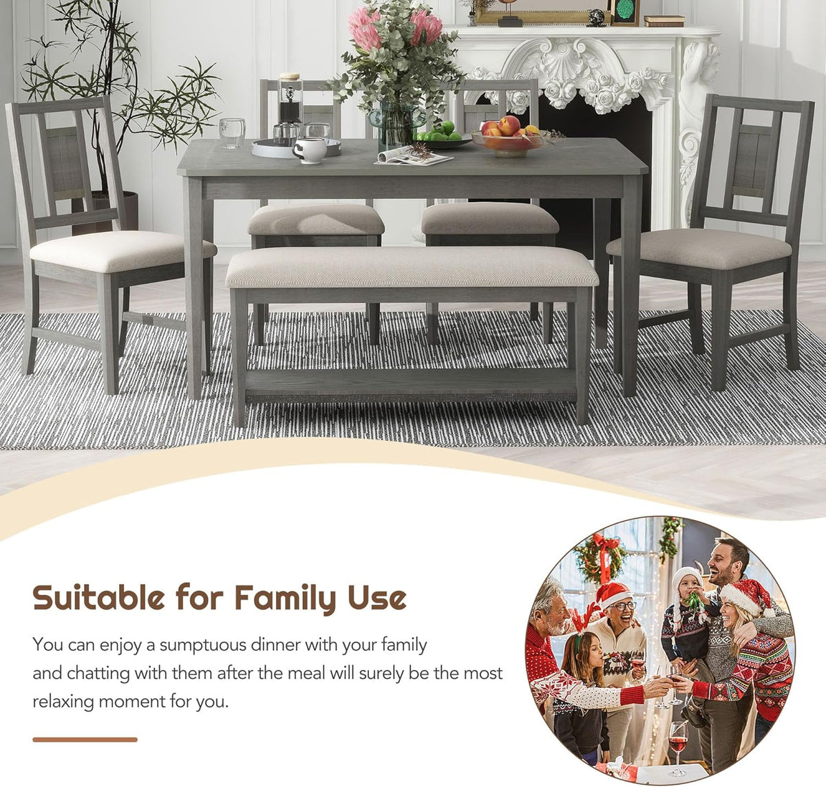 6-Piece Dining Table Set with 4 Upholstered Chairs and 1 Bench, Solid Wood, Dark Gray L330128