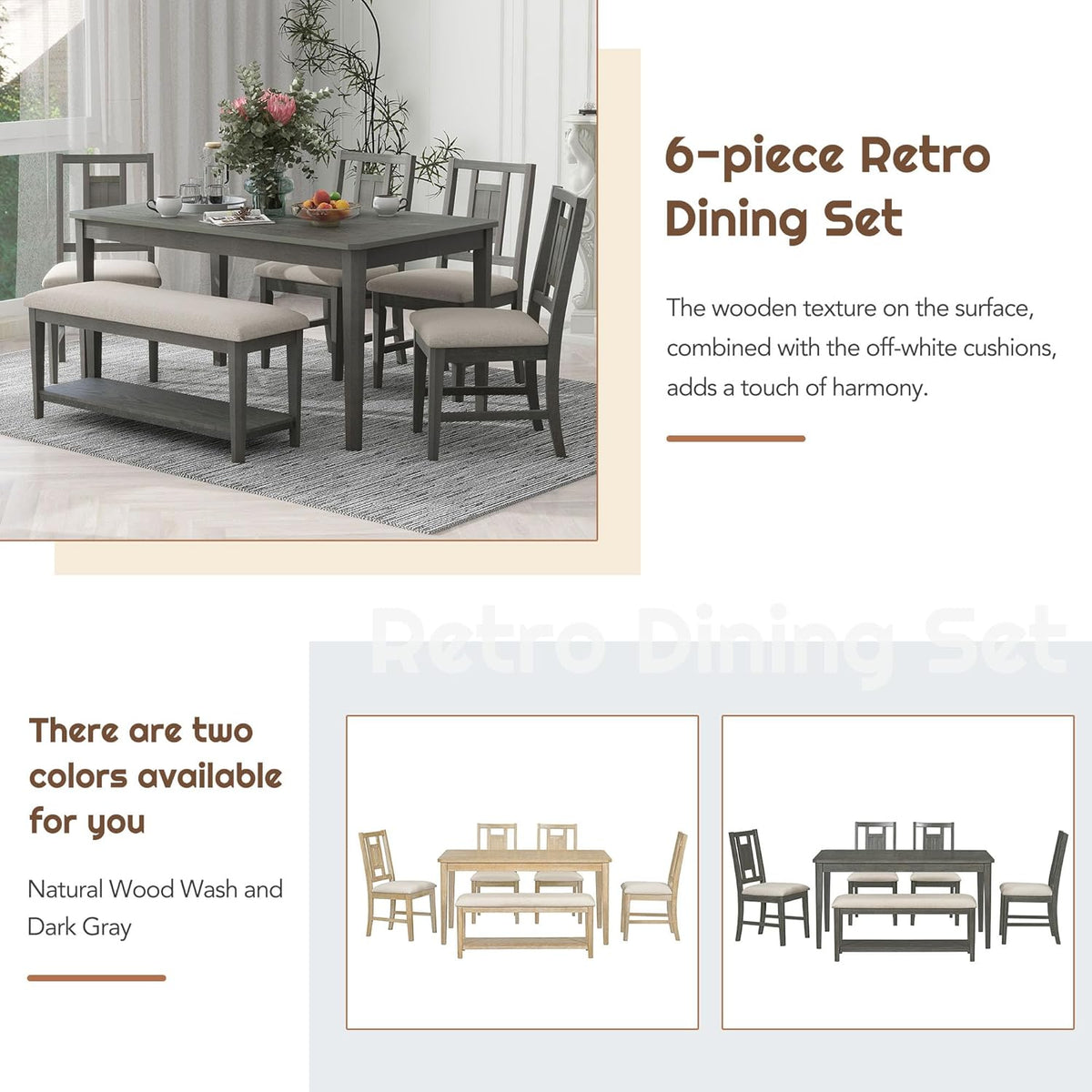 6-Piece Dining Table Set with 4 Upholstered Chairs and 1 Bench, Solid Wood, Dark Gray L330128