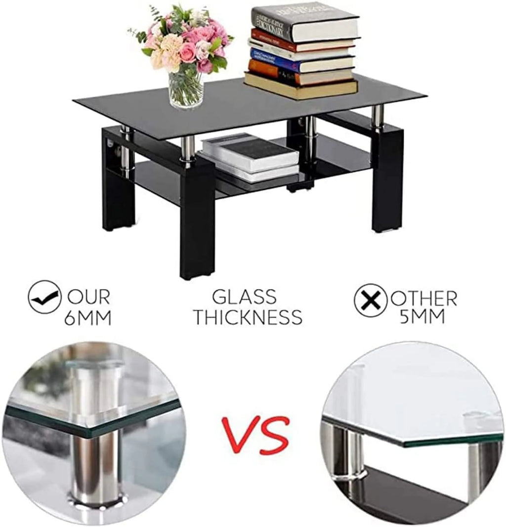 Rectangle Glass Coffee Table with Lower Storage Shelf 2-Tier U7995
