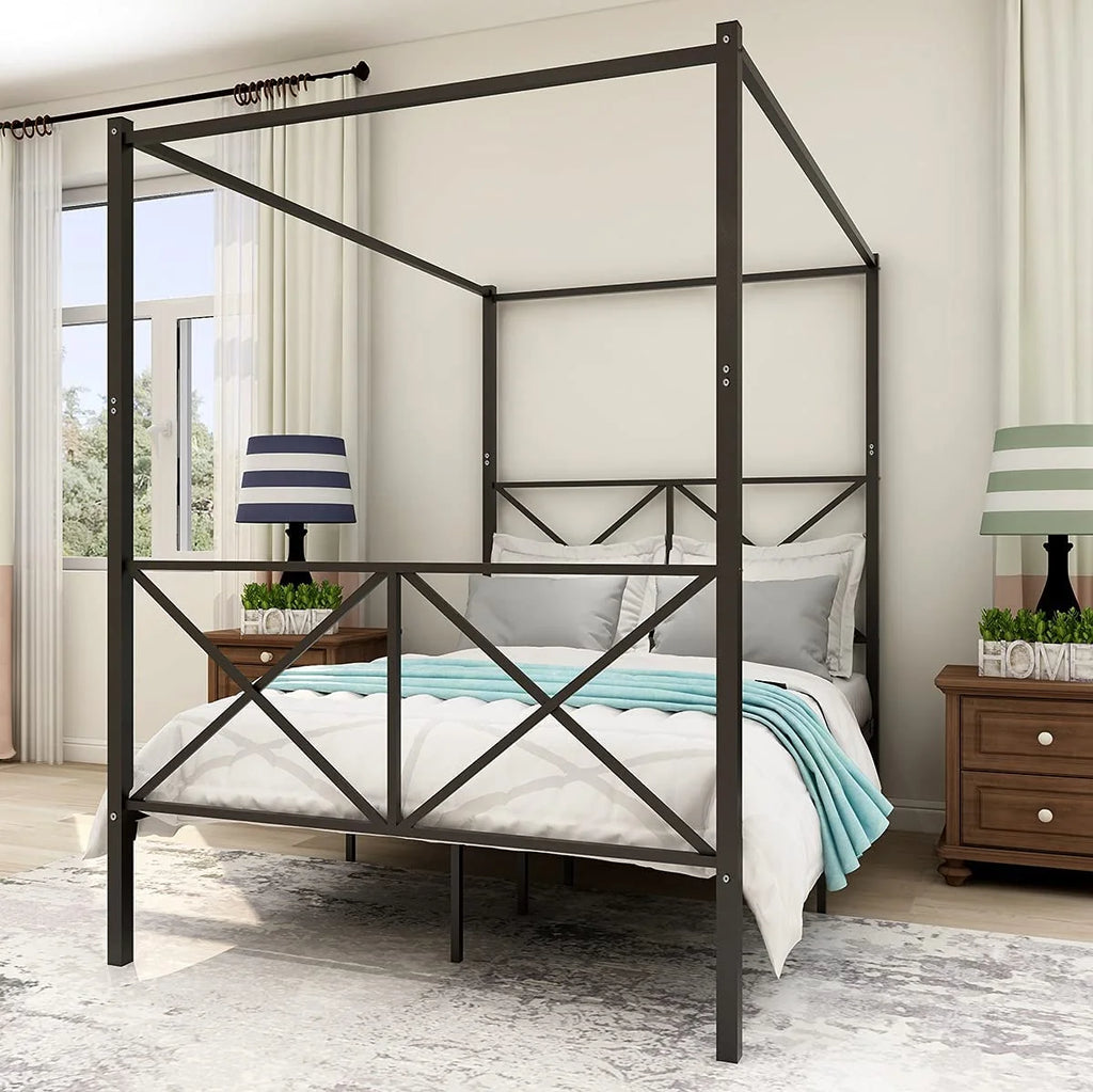 Full Black Metal Canopy Bed Frame V6938