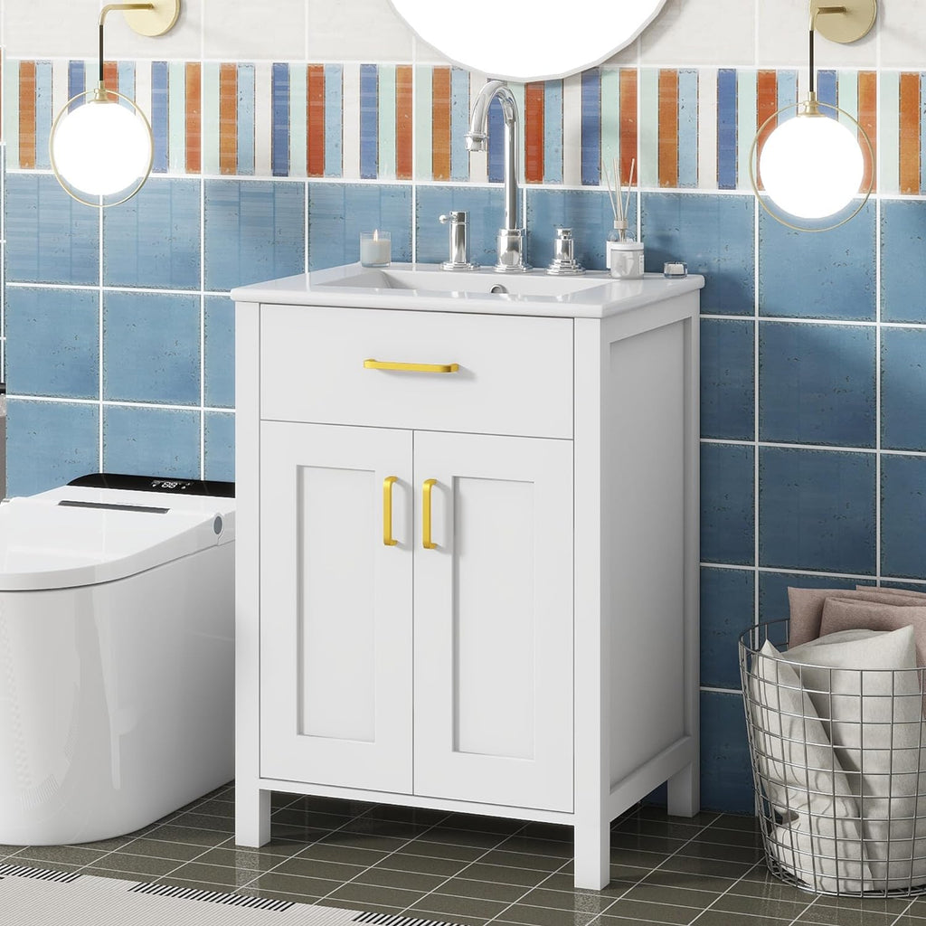 White 24" Bathroom Vanity with Sink, 2 Doors and Drawer E780