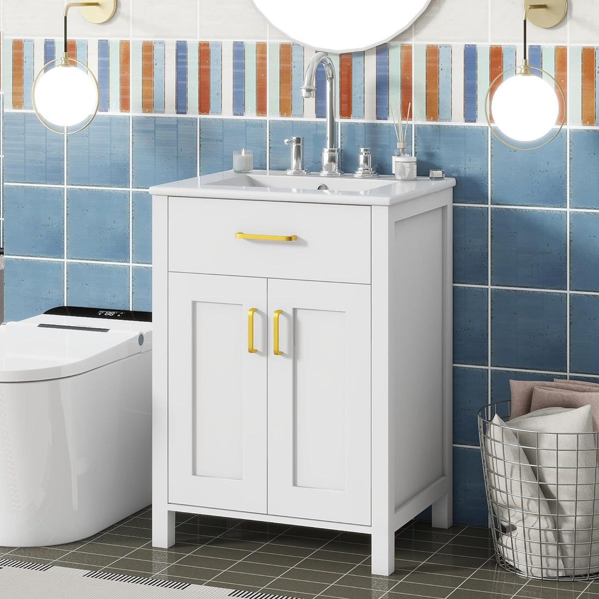 White 24" Bathroom Vanity with Sink, 2 Doors and Drawer E780