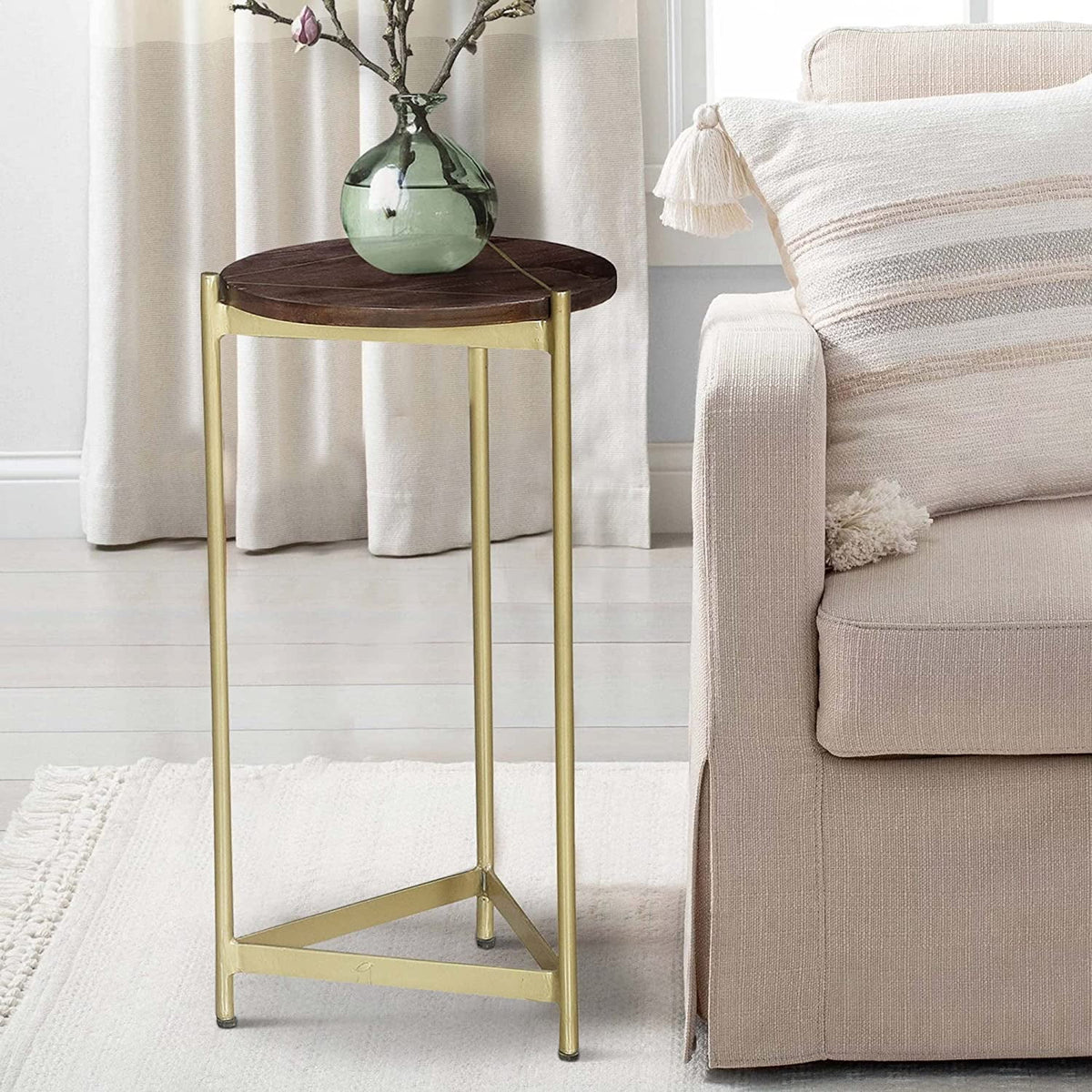 Corner Table with Round Wooden Top and Triangular Metal Base A495971