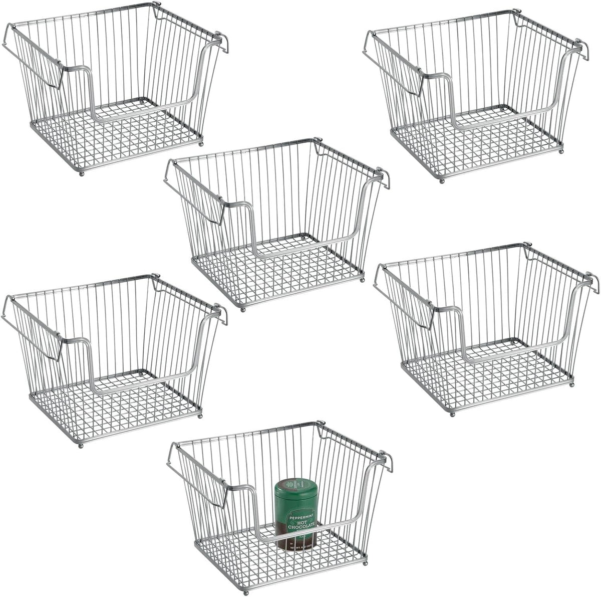 White 6 Pack Stackable Metal Wire Storage Basket with Handles J40177