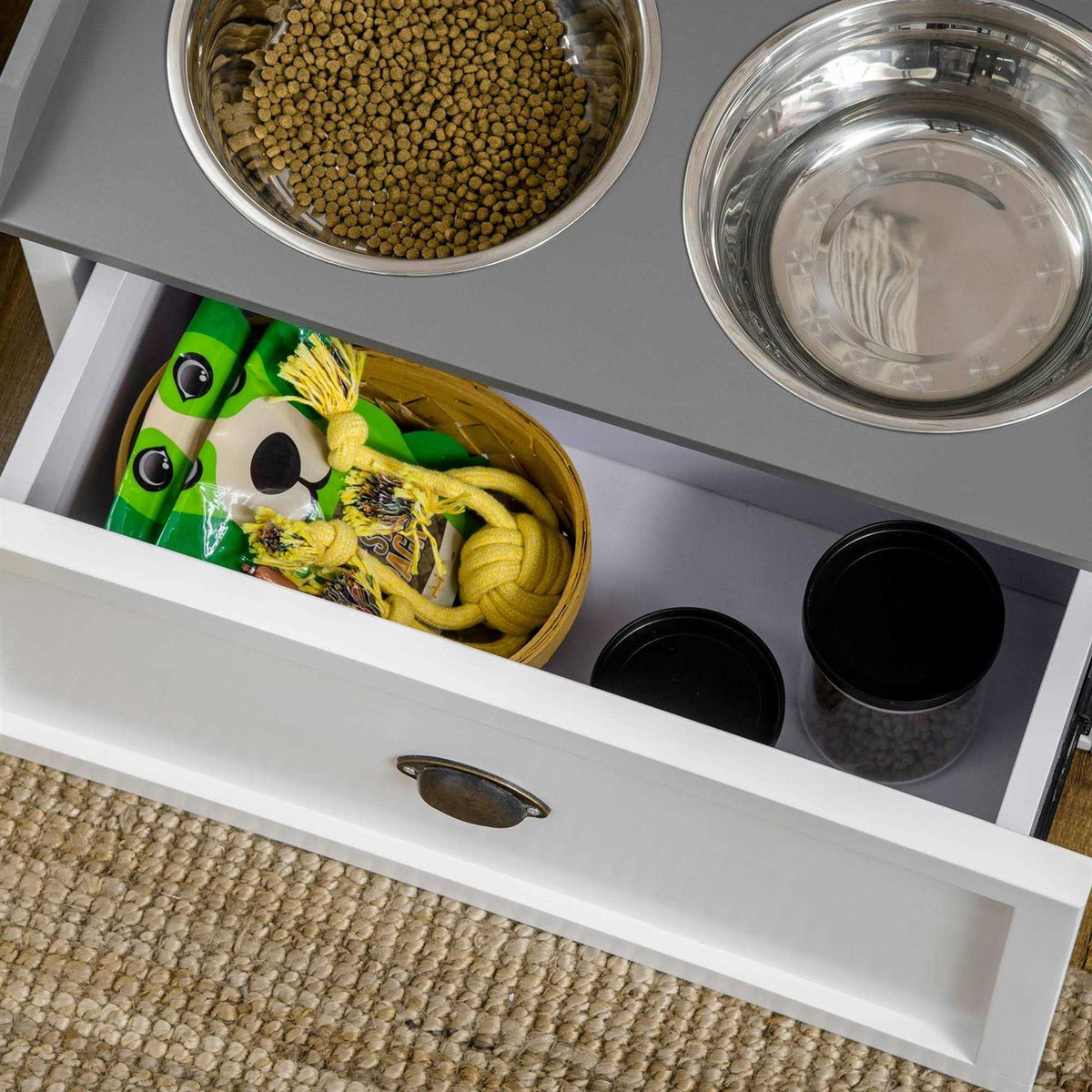 Large Elevated Dog Bowls with Storage Drawer I4630