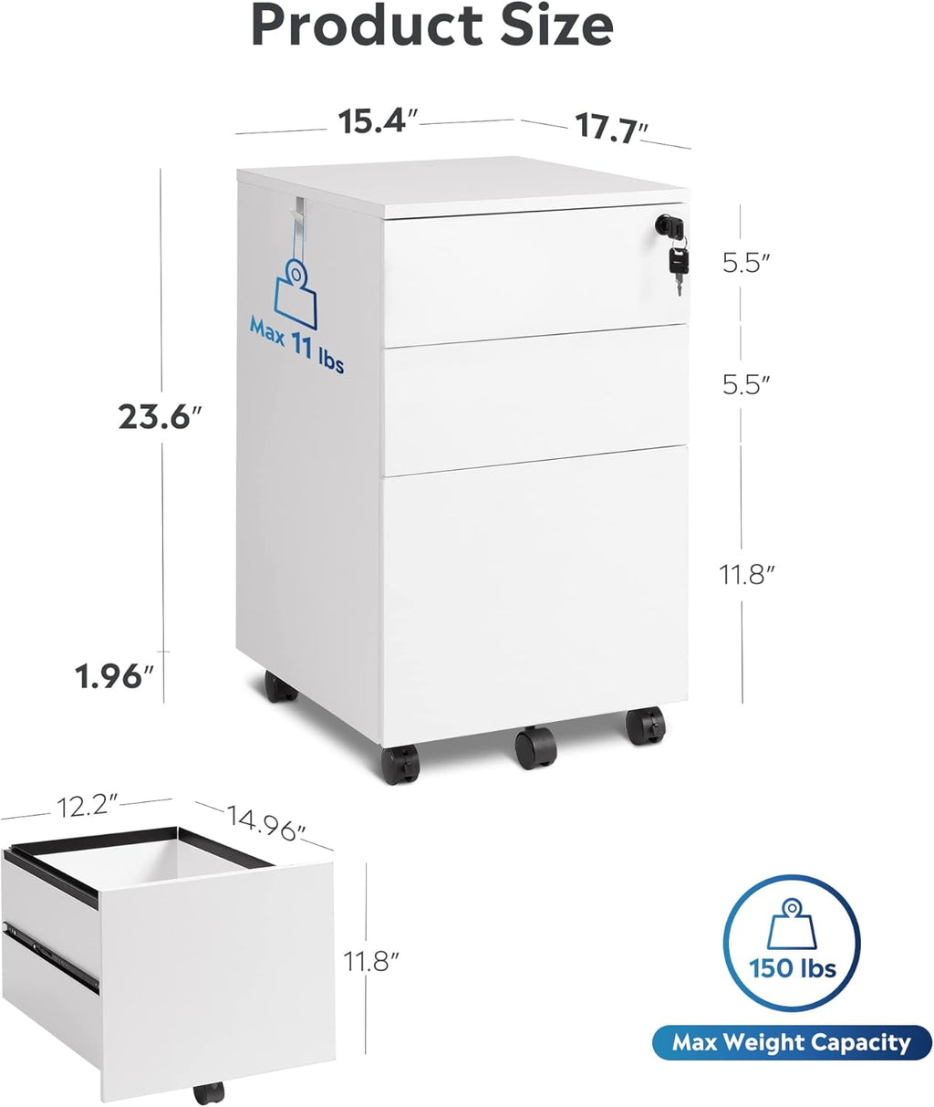 White 3 Drawer Rolling File Cabinet with Lock Z805229