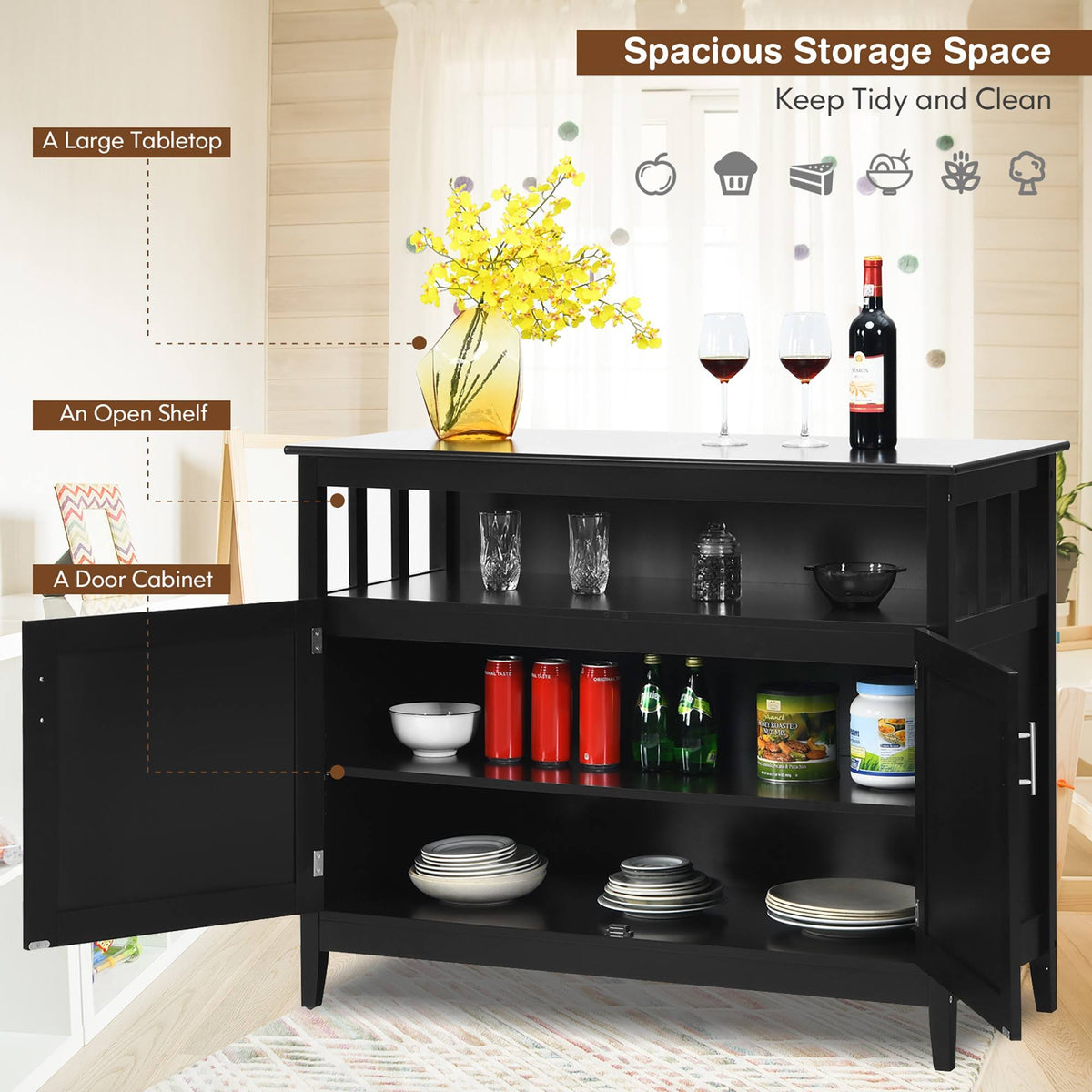 Black 2 Doors Kitchen Sideboard Cabinet N530