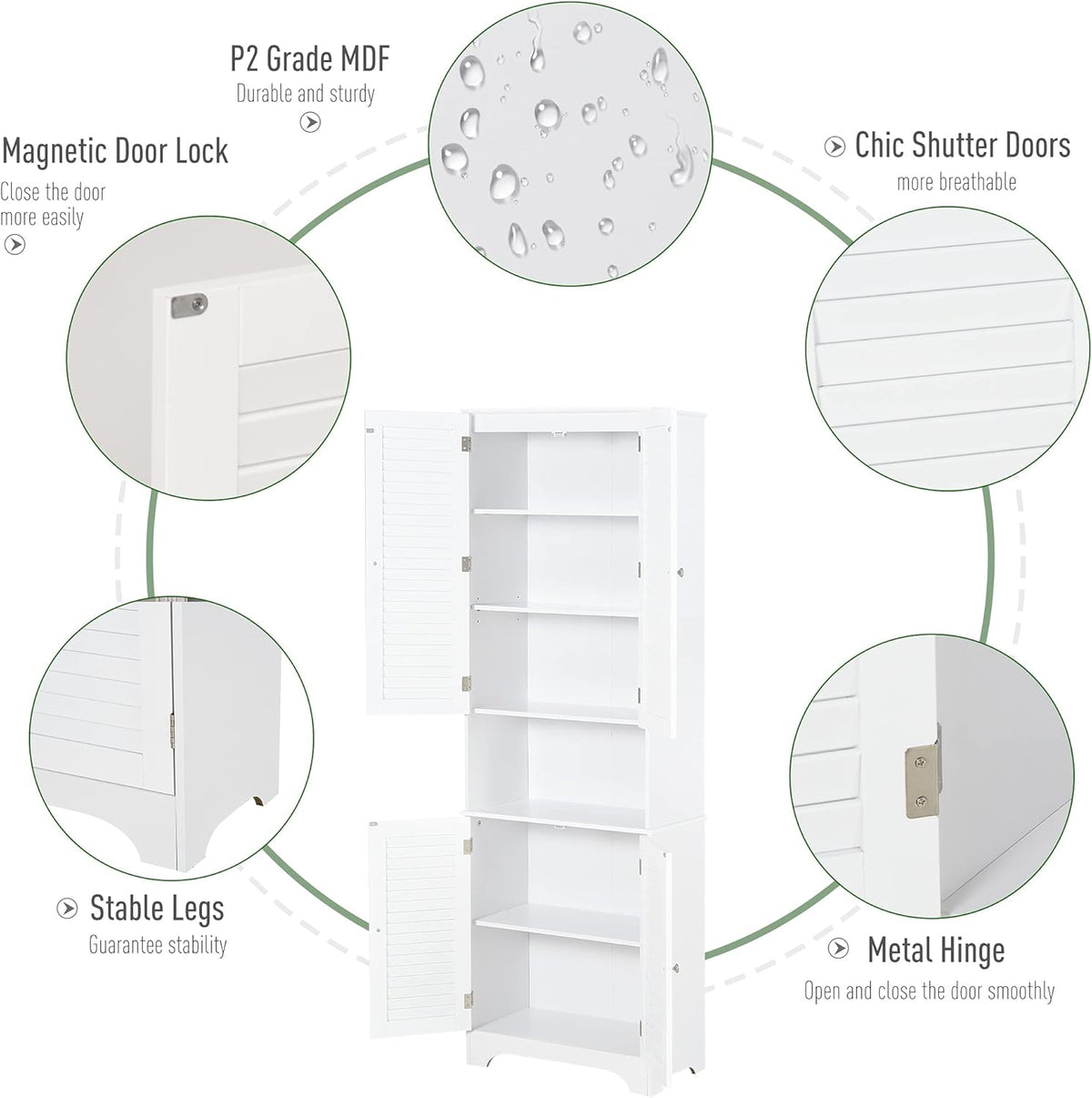 White Tall Bathroom Storage Cabinet with Adjustable Shelves L604
