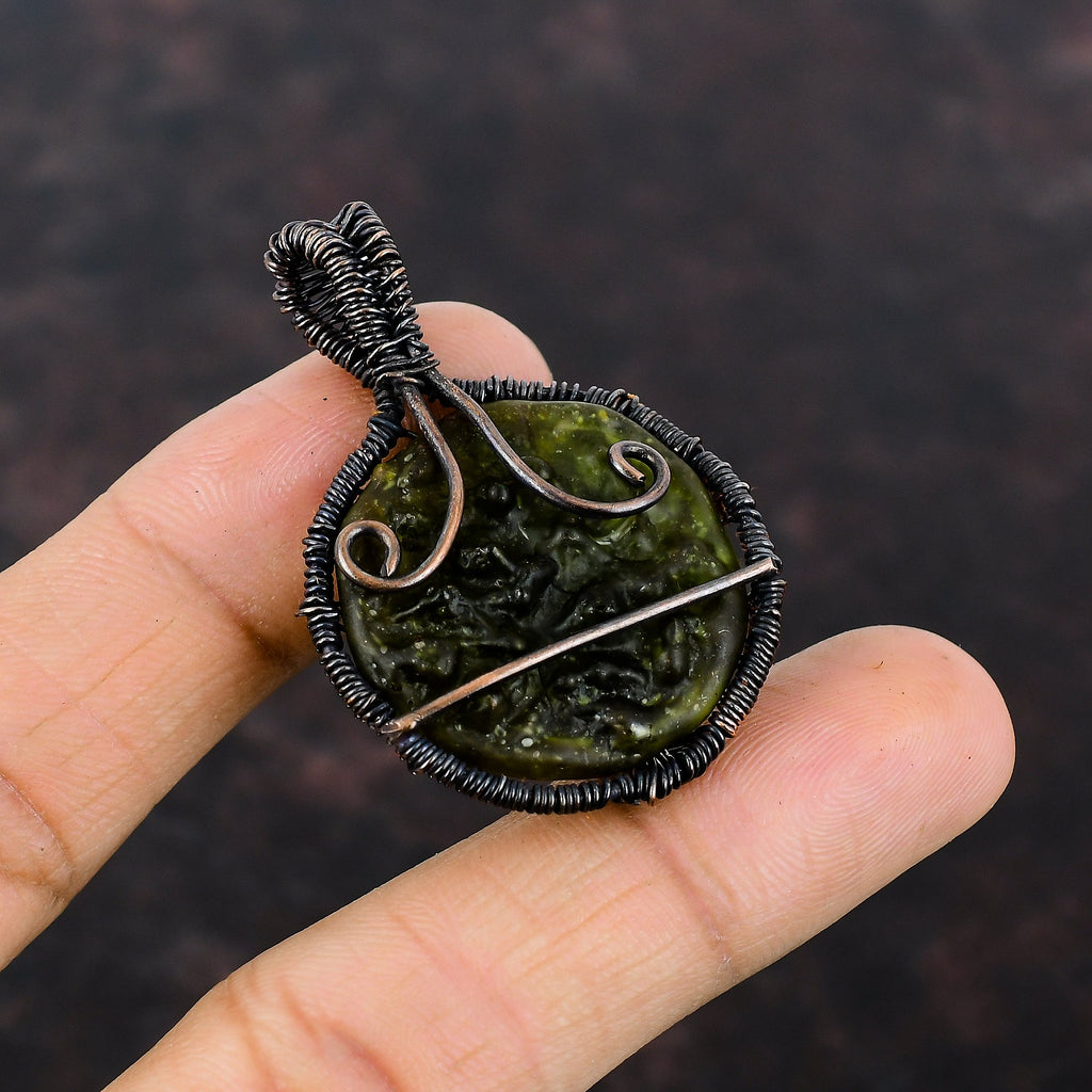 Copper Wire Wrapped Moldavite Pendant A6923