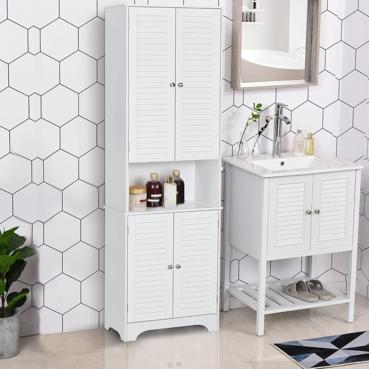 White Tall Bathroom Storage Cabinet with Adjustable Shelves L604