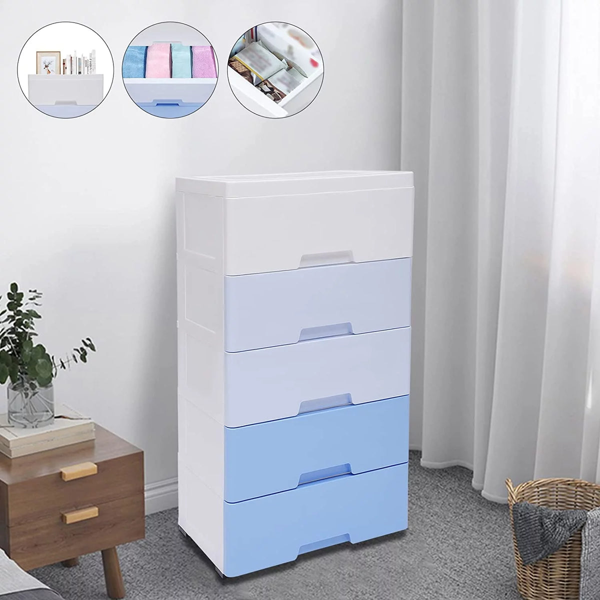 5 Plastic Drawers Dresser with Wheels Gradient Blue G8698