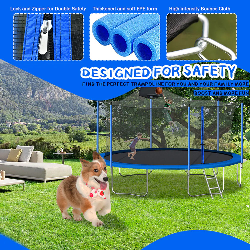 14FT Trampoline with Basketball Hoop, Safety Enclosure Net & Ladder, Blue L3684