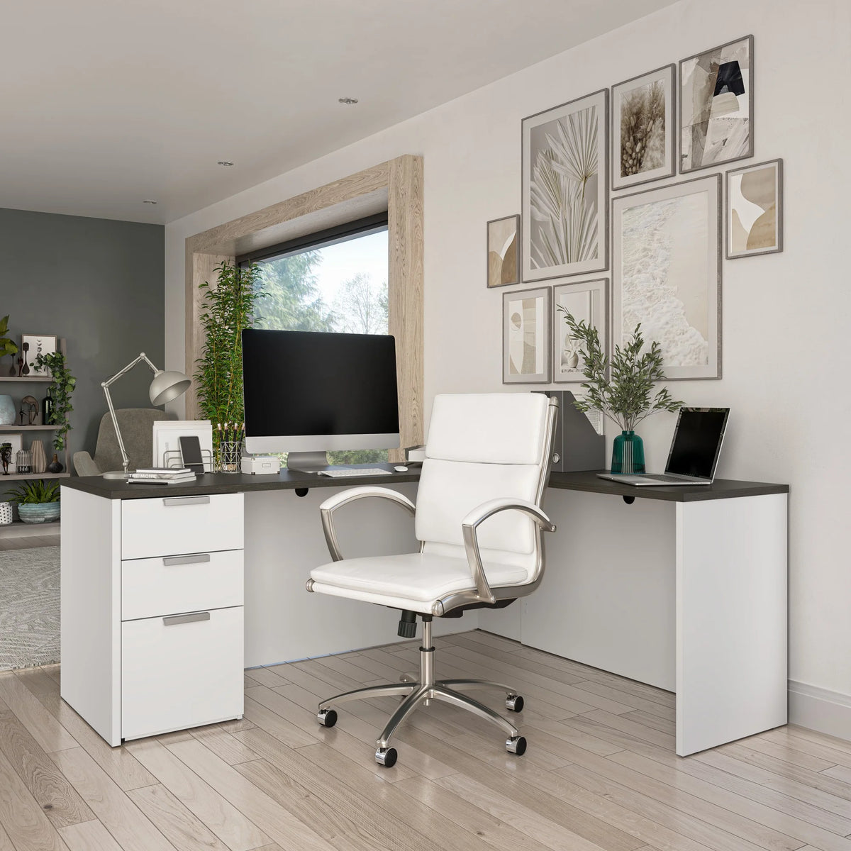 White and Deep Gray L Desk T216