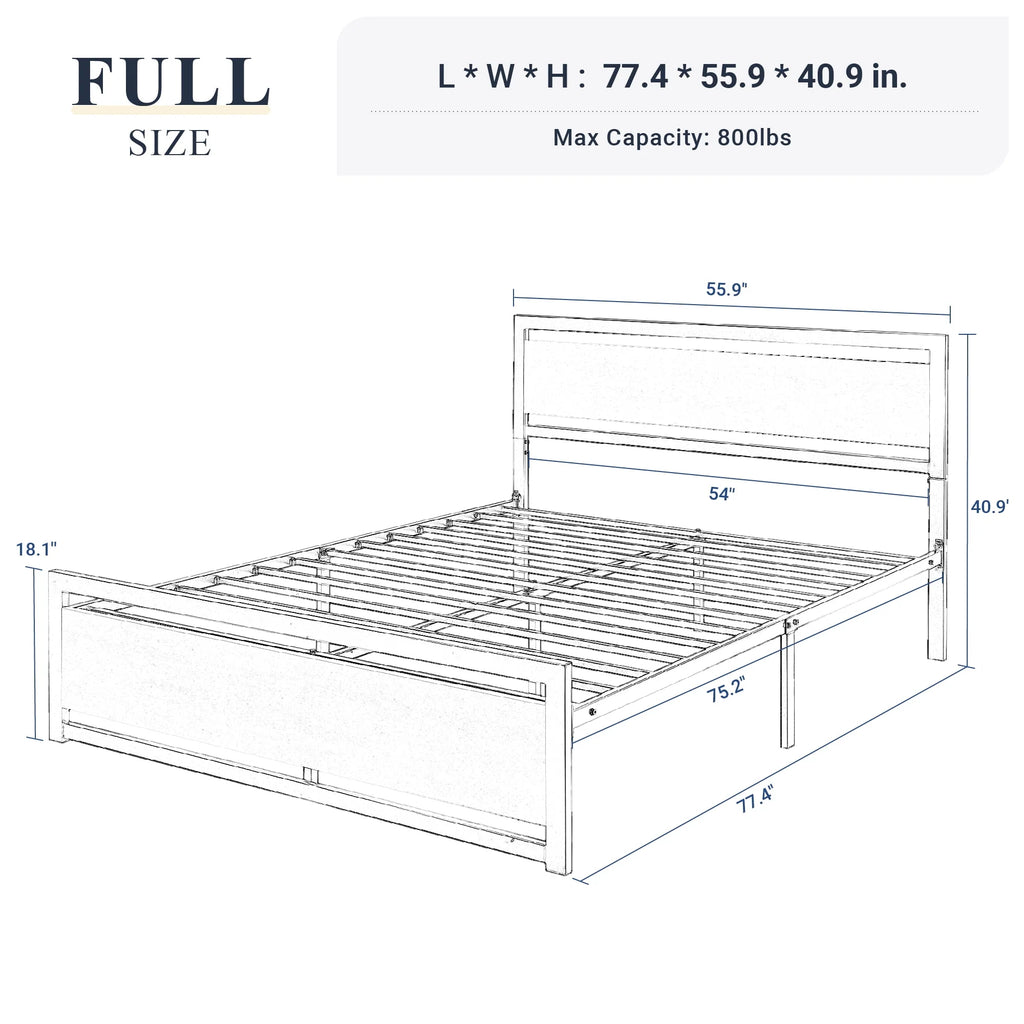Queen Size Metal Platform Bed Frame with Wooden Headboard Footboard U2878