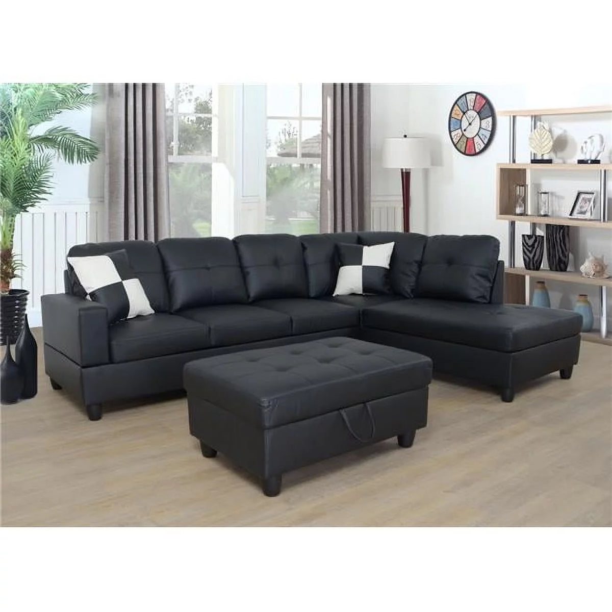 Black Faux Leather 3 Piece Sectional Sofa Set with Ottoman Q454