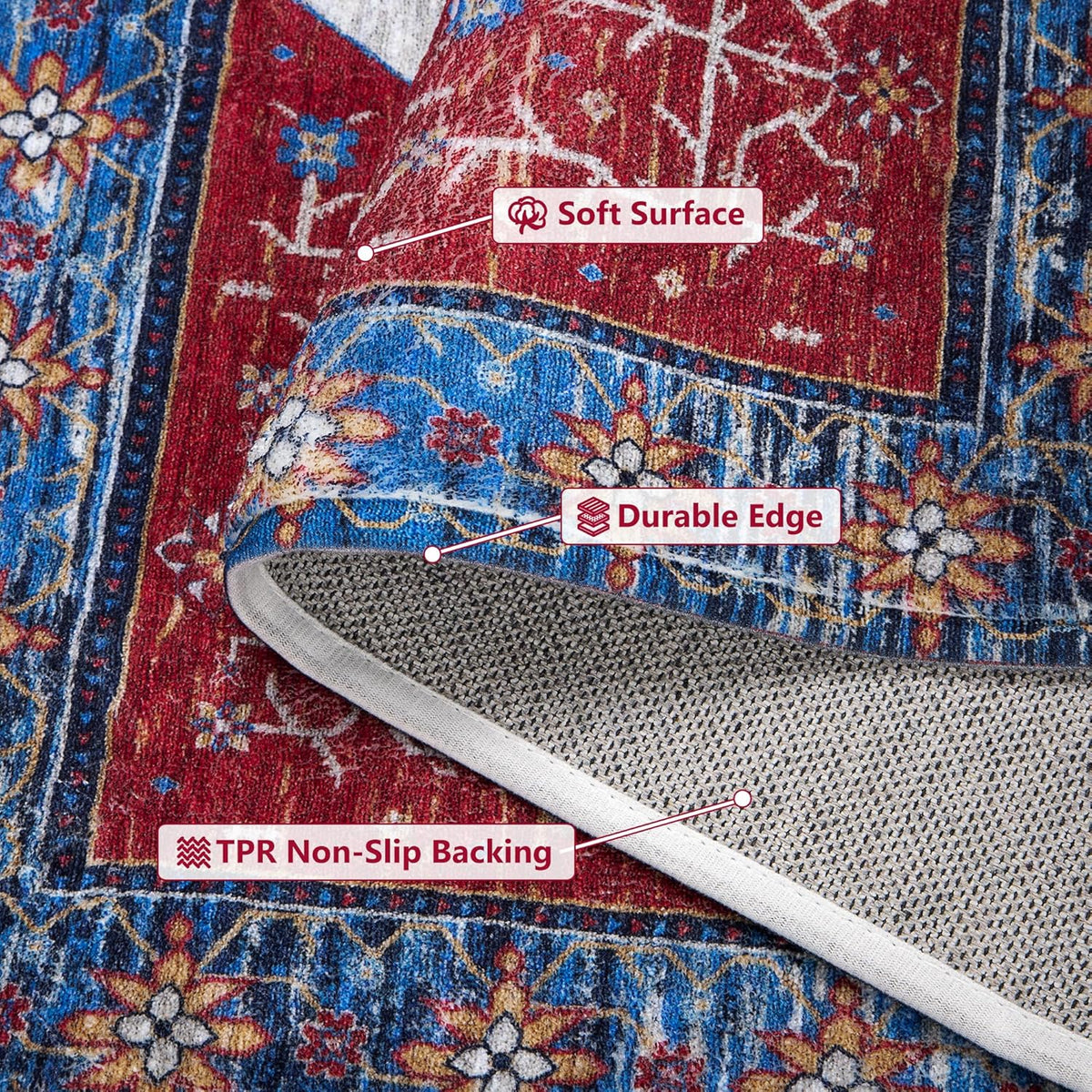 Red/Multi 2'x3' Non Slip Washable Distressed Low-Pile Rug S522097