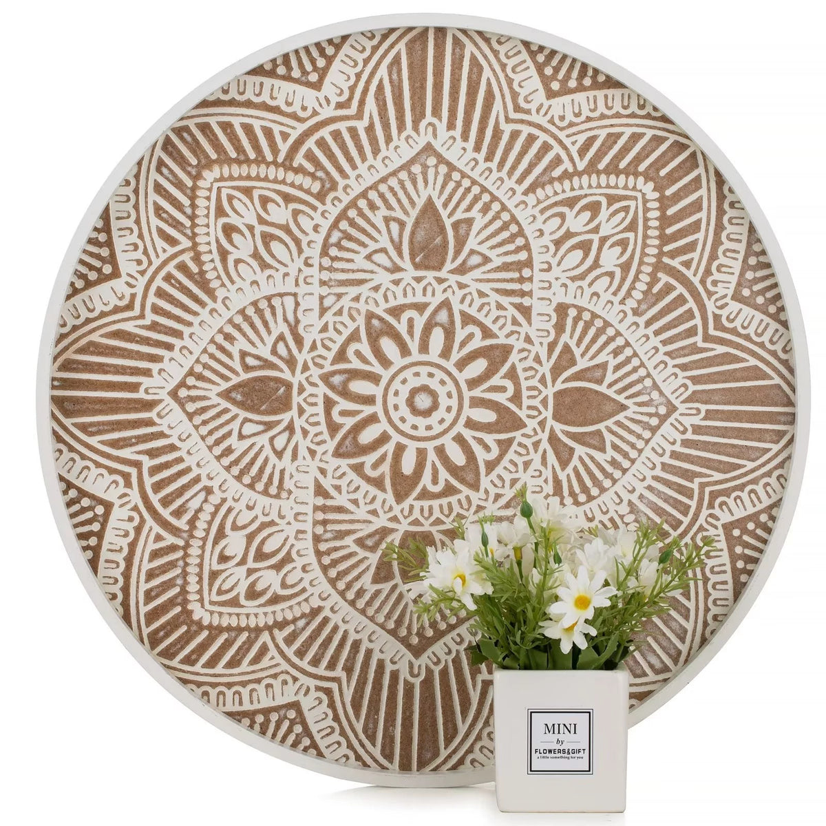 Round White Washed Wood Decorative Tray W7108