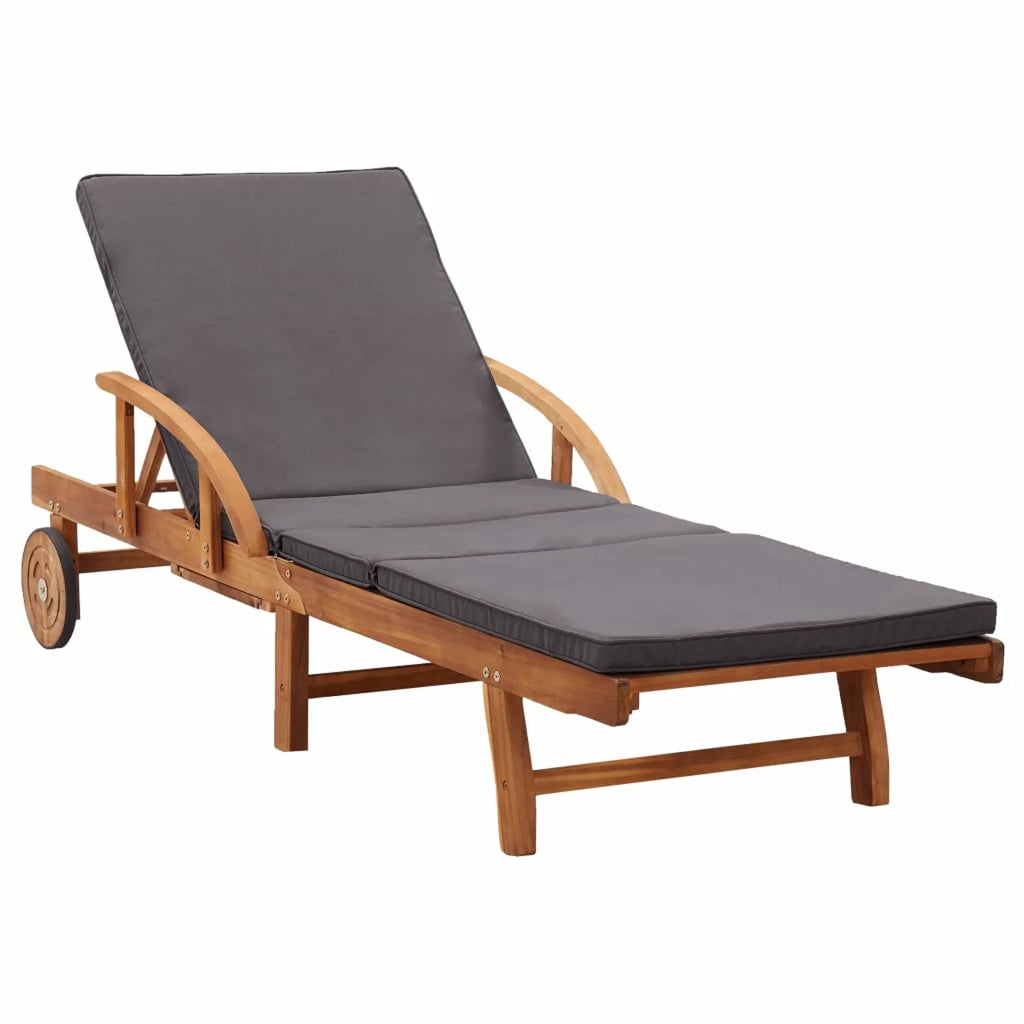Adjustable Acacia Wood Chaise Lounge Chair with Wheels and Cushion C15882