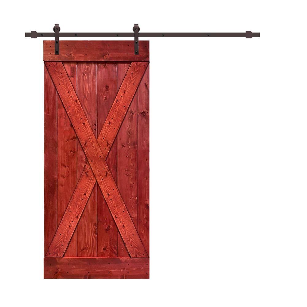 Cherry Red Stained Wood Interior Sliding Barn Door with Hardware Kit V835