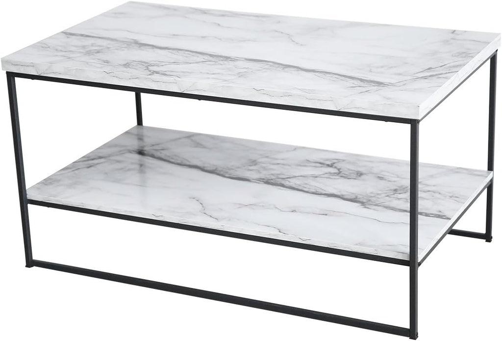 2 Tier Faux Marble Coffee Table with Lower Storage Shelf I548