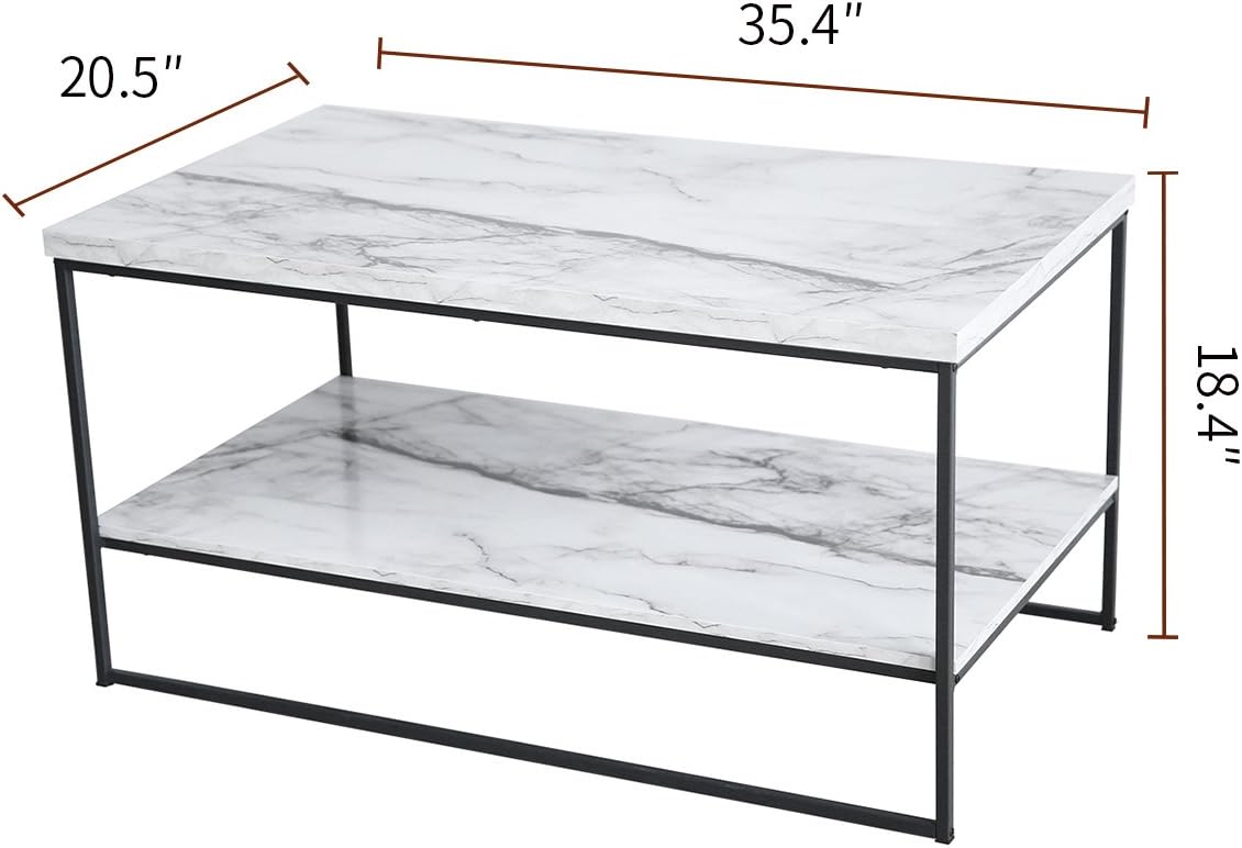 2 Tier Faux Marble Coffee Table with Lower Storage Shelf I548