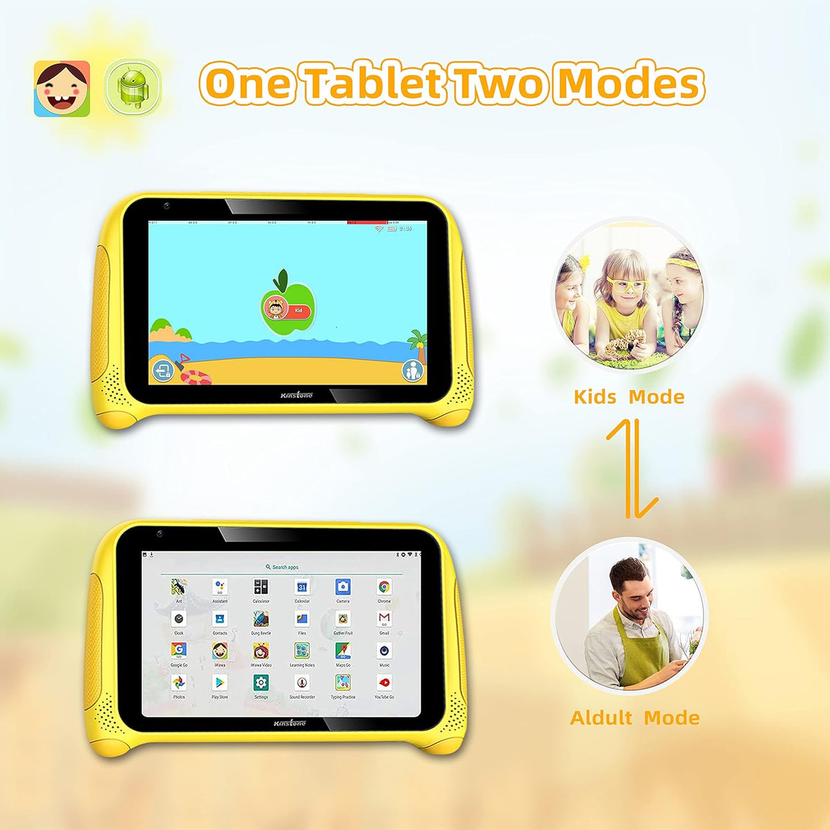 Yellow 7 inch Kids Tablet Android 11 Quad Core 2GB RAM 32GB Dual Camera WiFi Bluetooth Pack of 2 F45438