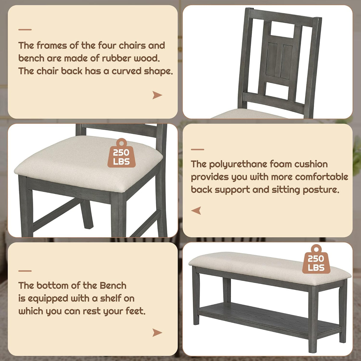 6-Piece Dining Table Set with 4 Upholstered Chairs and 1 Bench, Solid Wood, Dark Gray L330128