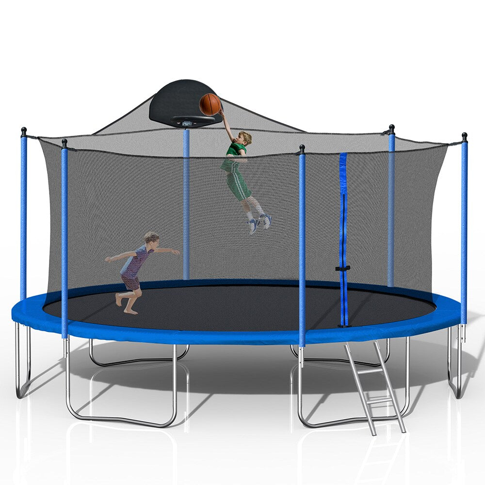 14FT Trampoline with Basketball Hoop, Safety Enclosure Net & Ladder, Blue L3684