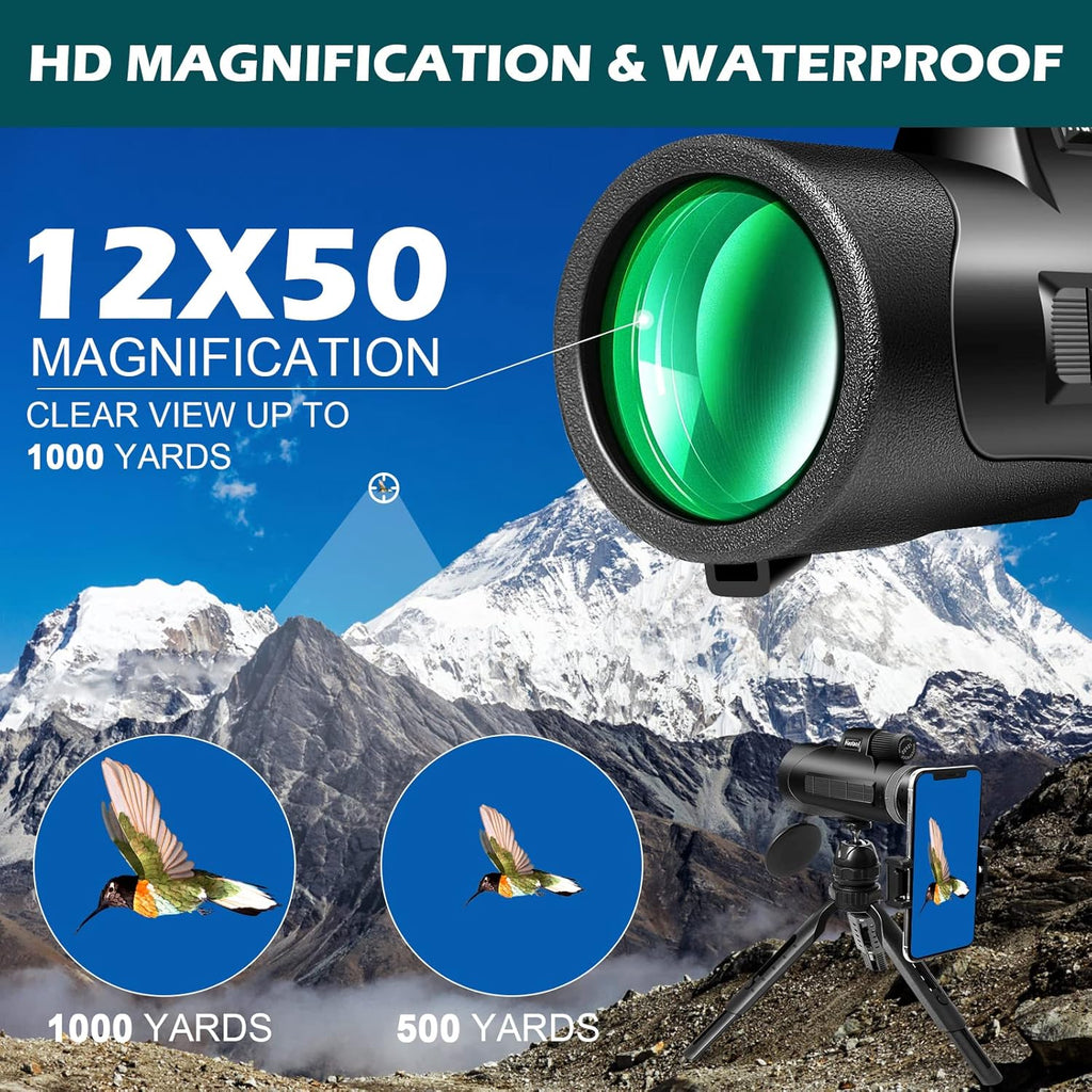 12X50 BAK4 Prism FMC Monocular with Smartphone Adapter and Tripod B4210
