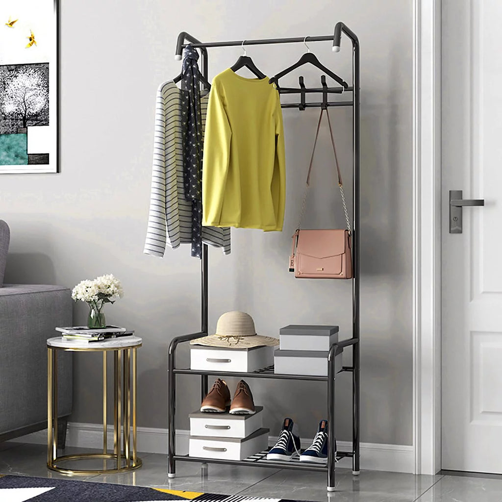 Black Hall Tree with Shoe Storage and 8 Hooks E39803