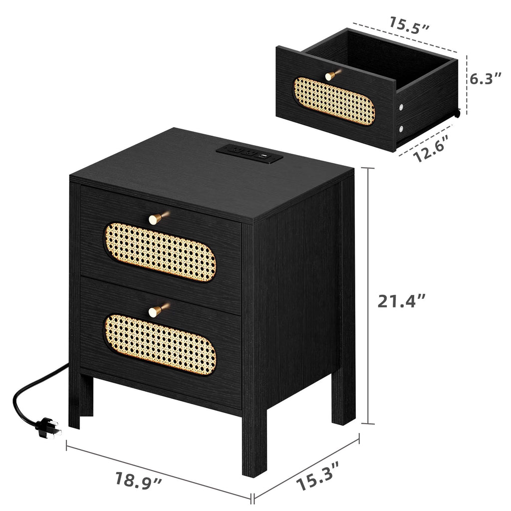 Black Rattan Nightstand with Charging Station Z4028