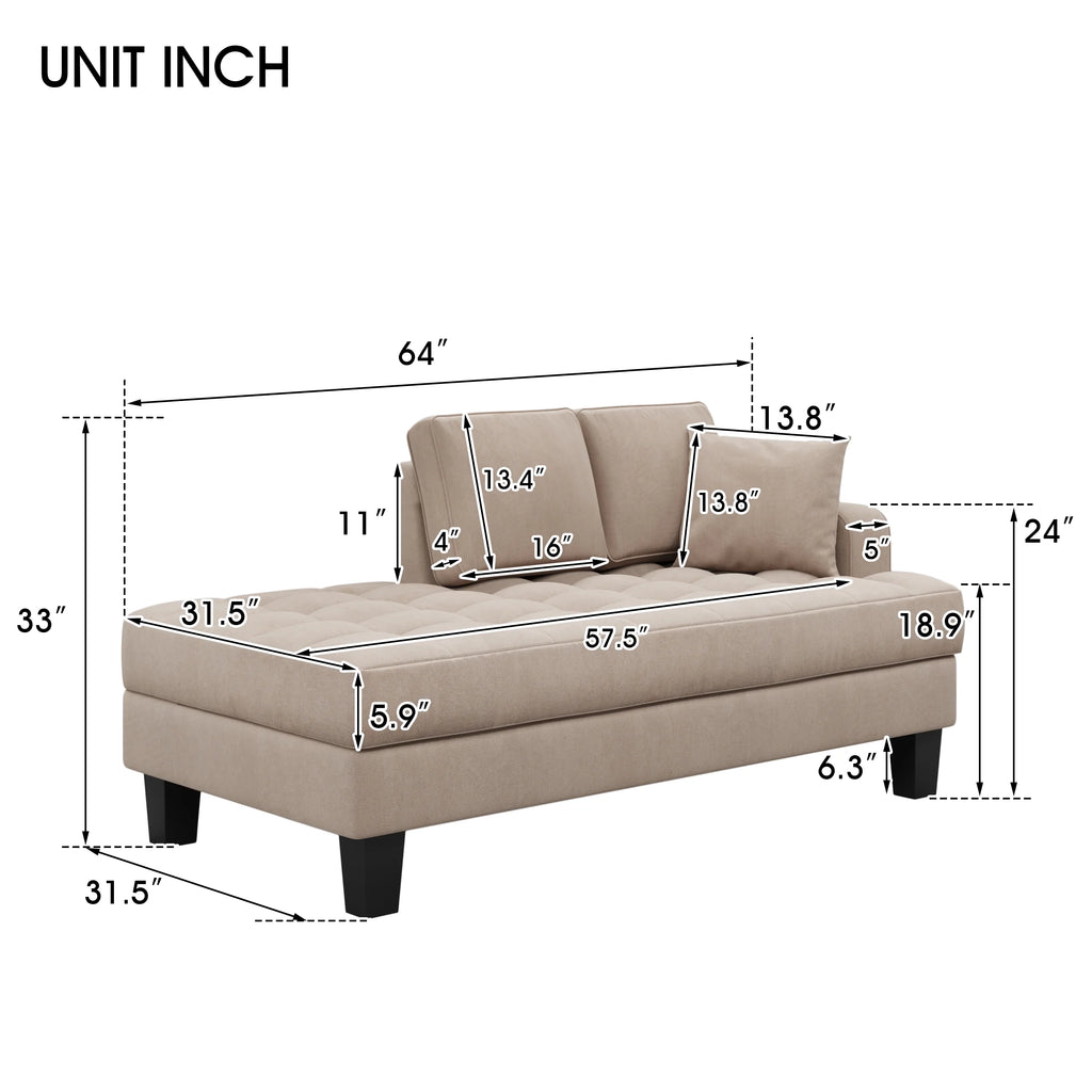 64" Deep Tufted Upholstered Textured Fabric Chaise Lounge with Toss Pillow, Warm Grey G824258
