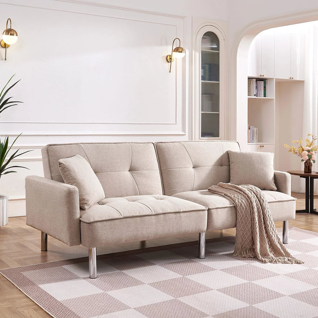 84.6 in. Extra Long Tufted Beige Fabric Futon Adjustable Sofa Bed V24003
