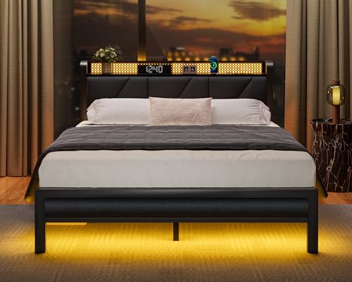 Full Bed Frame with LED Lights and Charging Station N504