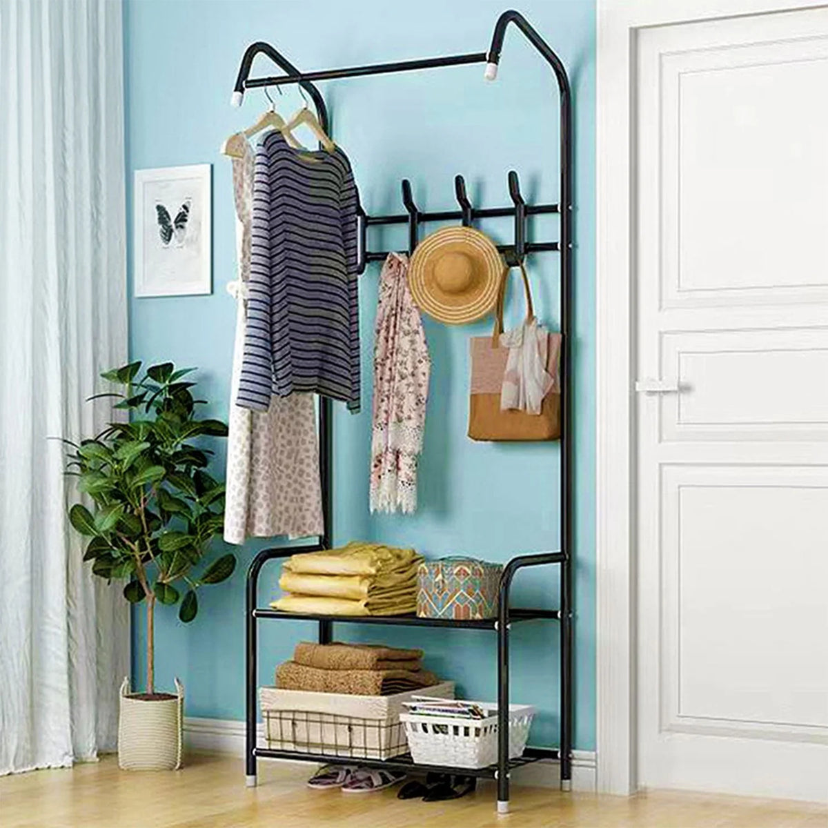 Black Hall Tree with Shoe Storage and 8 Hooks E39803